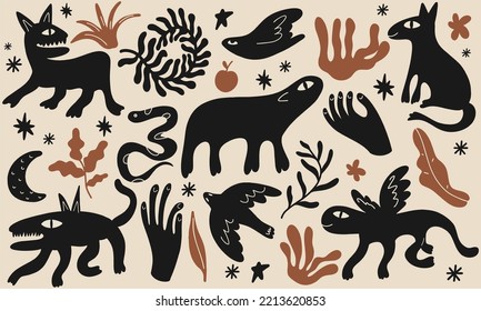 Various strange creatures, imaginary monsters. Fictional, fantastic animals. Black cartoon vector set. Hand drawn illustration. Set in Halloween style.