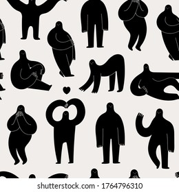 Various strange creatures or People with long arms and small heads. Shadow look. Cute disproportionate characters in different poses. Black abstract Vector Seamless Pattern. Background, Wallpaper