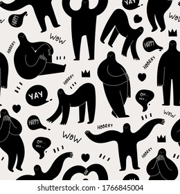 Various strange creatures or people with long arms and small heads. Black Shadows. Cute disproportionate characters in different poses. Abstract Vector Seamless Pattern. Background, Wallpaper