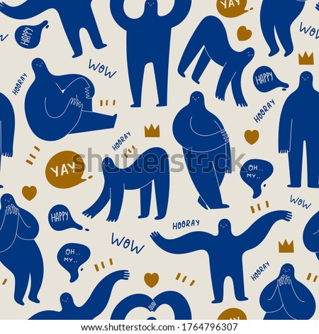 Various strange creatures or people with long arms and small heads. Cute disproportionate characters in different poses. Blue abstract Vector Seamless Pattern. Background, Wallpaper