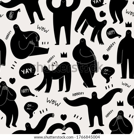 Various strange creatures or people with long arms and small heads. Black Shadows. Cute disproportionate characters in different poses. Abstract Vector Seamless Pattern. Background, Wallpaper