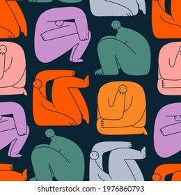 Various strange creatures or people or persons with long arms and small heads. Cute disproportionate characters in different poses. Hand drawn Vector illustration. Square seamless Pattern