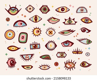 Various Strange Evil and Funny, Comic and Bizarre Eyes Set. Abstract Doodle Eye Different Shapes in Trendy Psychedelic Weird Cartoon Style. Vector illustration. 