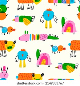 Various strange quirky creatures. Abstract monsters or fantastic animals. Cute disproportionate characters. Hand drawn trendy Vector seamless Pattern. Background, wallpaper. Childish drawing style