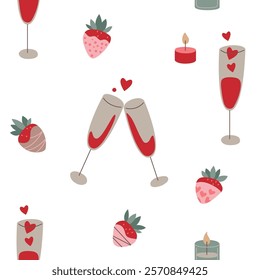 Various strawberries, and drinks in soft tones, arranged on a white background. A seamless pattern featuring, ideal for decor and textile design. Graphic pattern for fabric, wallpaper, packaging.