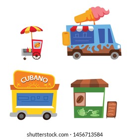 Various of street food stall. childish cartoon illustration.