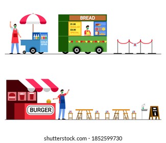 Various of street food vendor implementing new normal health procedure.