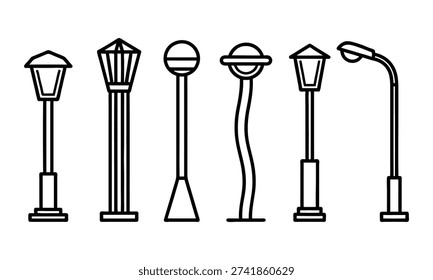 Various street lamps and light posts in a row illustration