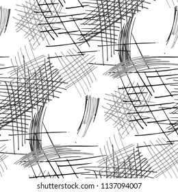Various Strokes. Seamless Black White Texture with Hand Drawn Lines. Retro Background for Chintz, Wallpaper, Swimwear. Vertical, Horizontal and Diagonal Strokes. Grunge Vector
