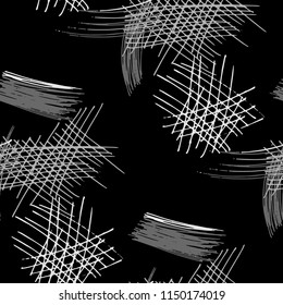 Various Strokes. Seamless Black White Pattern with Chaotic Hand Drawn Lines. Vintage Background for Cloth, Dress, Tablecloth. Vertical, Horizontal and Diagonal Strokes. Grunge Vector