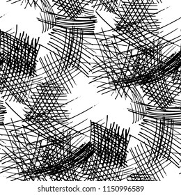 Various Strokes. Seamless Black White Texture with Hand Drawn Lines. Modern Background for Cloth, Dress, Tablecloth. Vertical, Horizontal and Diagonal Strokes. Grunge Vector Texture