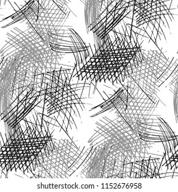Various Strokes. Seamless Black White Pattern with Chaotic Hand Drawn Lines. Trendy Background for Cloth, Wallpaper, Linen. Vertical, Horizontal and Diagonal Strokes. Grunge Vector