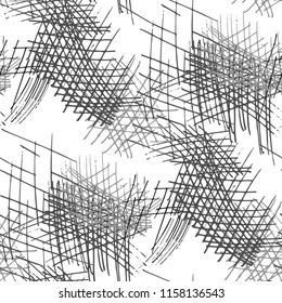 Various Strokes. Seamless Black White Texture with Hand Drawn Lines. Trendy Background for Curtain, Shirt, Fabric. Vertical, Horizontal and Diagonal Strokes. Grunge Vector