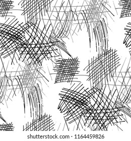 Various Strokes. Seamless Black White Pattern with Chaotic Hand Drawn Lines. Vintage Background for Paper, Wallpaper, Underwear. Vertical, Horizontal and Diagonal Strokes. Grunge Vector