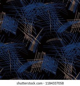Various Strokes. Seamless Texture with chaotic Hand Drawn Lines. Trendy Background for Chintz, Print, Swimwear. Vertical, Horizontal and Diagonal Strokes. Grunge Vector Texture