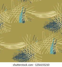 Various Strokes. Seamless Texture with chaotic Hand Drawn Lines. Retro Background for Curtain, Dress, Tablecloth. Vertical, Horizontal and Diagonal Strokes. Grunge Vector Texture
