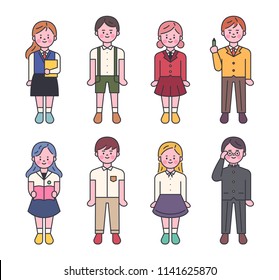 Various student characters in various school uniforms. outline style flat design style vector graphic illustration set