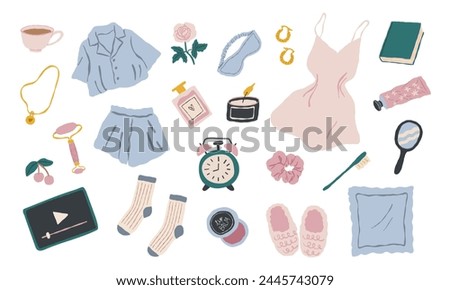 Various stuff for self-care. Morning and evening rituals before or after bedtime for a good mood. Vector hand drawn illustration.