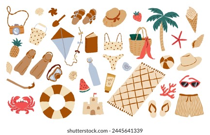 Varias cosas para unas vacaciones de verano en la playa. Vibraciones veraniegas. Vector dibujado a mano ilustración. Todos los Elementos están aislados sobre fondo blanco.