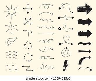 Various Style Arrow Set. Black and White Cute Minimal Arrow Direction Pointer Sign.