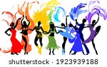 Various style dancing. Group of silhouettes of dancers of ballet, flamenco, oriental dance, hula, samba, waltz, contemporary and colorful fireworks isolated on white background