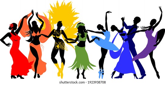 Various style dancing. Group of silhouettes of dancers of ballet, flamenco, oriental dance, hula, samba, waltz and contemporary isolated on white background