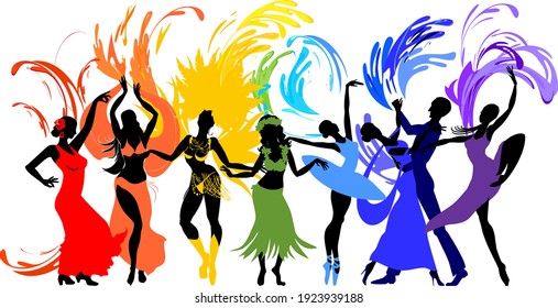 Various style dancing. Group of silhouettes of dancers of ballet, flamenco, oriental dance, hula, samba, waltz, contemporary and colorful fireworks isolated on white background