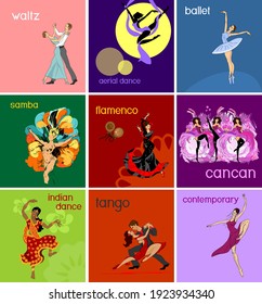 Various style dancing. Set with dancers: waltz, cancan, samba, aerial dance, ballet, flamenco, indian dance, tango, contemporary