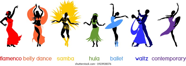 Various style dancing. Set with silhouettes of dancers of ballet, flamenco, oriental dance, hula, samba, waltz and contemporary isolated on white background