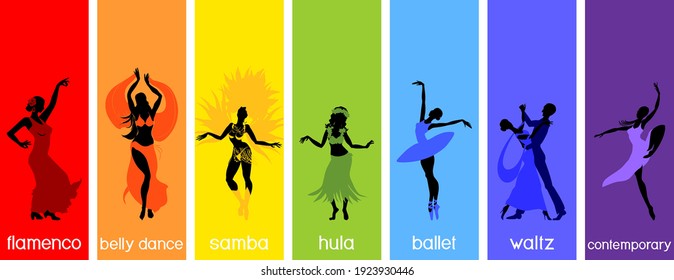 Various style dancing. Set with silhouettes of dancers of ballet, flamenco, oriental dance, hula, samba, waltz and contemporary