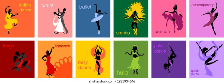 Various style dancing. Set with silhouettes of dancers