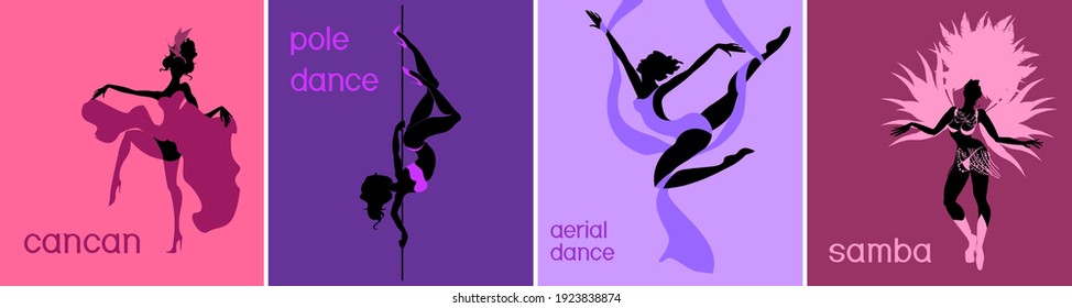 Various style dancing. Silhouettes of aerial, pole, cancan and samba dancer