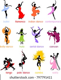 Various style dancing. Silhouettes of dancing people.
