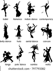 Various style dancing. Silhouettes of dancing people.