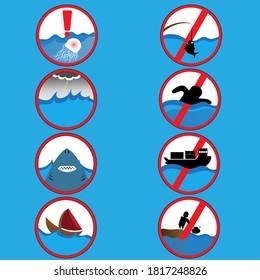 Various style labels Do not litter into the sea. Do not leave the boat during the storm and so on.