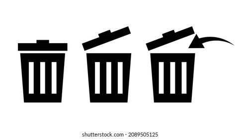Various styled trash icon set. Arrow icon to throw open trash can or trash.