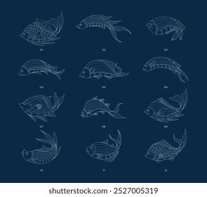 Various styles of ancient fish lines