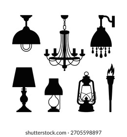 Varios estilos de accesorios de iluminación antiguos y modernos en silueta negra