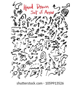 various styles of arrow set vector illustration sketch hand drawn with black lines isolated on white background