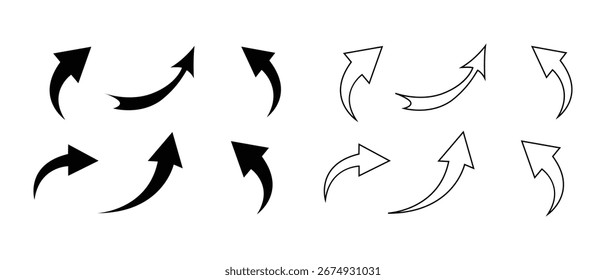 Verschiedene Stile Pfeilsymbol in schwarzem Satz Vektorgrafik einzeln auf weißem Hintergrund