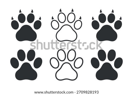 Various styles of bear paw prints with claws in collection on transparent background. Animal footprint concept, grizzly or bear. Vector design elements, isolated object and clean composition.