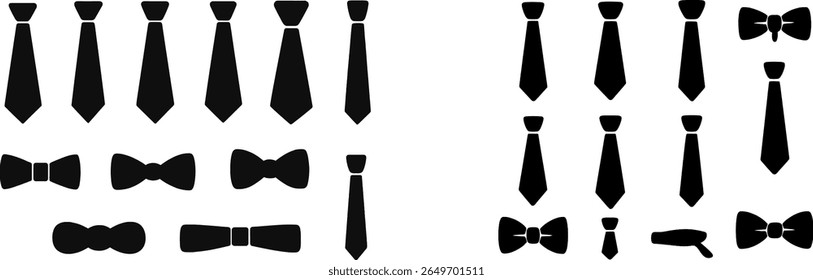 Various styles of black neckties and bow ties are neatly arranged in two distinct groups on a white background, showcasing elegant fashion choices for formal occasions.