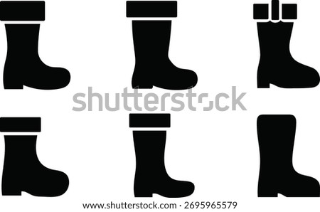 Various styles of black rubber boots collection isolated on white background