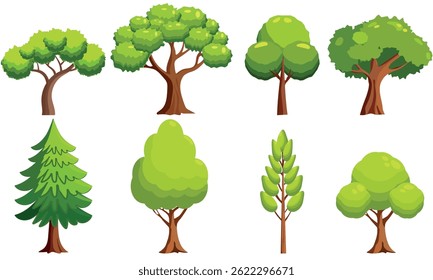 Varios estilos de árboles de dibujos animados aislados en un fondo blanco, elemento gráfico lindo del follaje