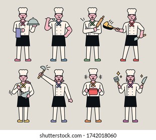 Various styles of chef characters. They are cooking with their cooking utensils in their hands. flat design style minimal vector illustration.