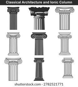 Various styles of classical ionic columns representing ancient architecture, suitable for academic or heritage themed compositions.
