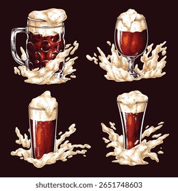 Various styles of craft beer are presented featuring frothy tops and splashes. The cozy bar ambiance invites friendly gatherings and toasting moments among patrons.