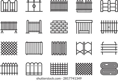 Various styles of decorative fence and gate designs in line art format