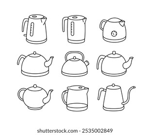 Various Styles of electric kettle - Editable Line Art Vector Illustration