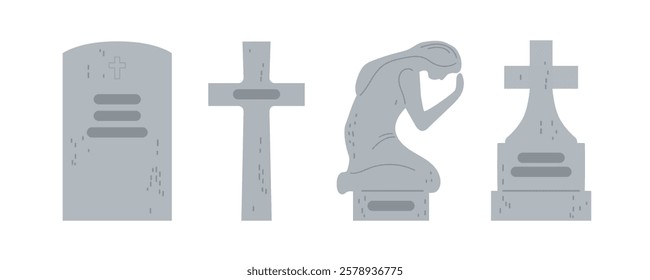 Various styles of gravestones and memorials illustrating themes of remembrance and mourning